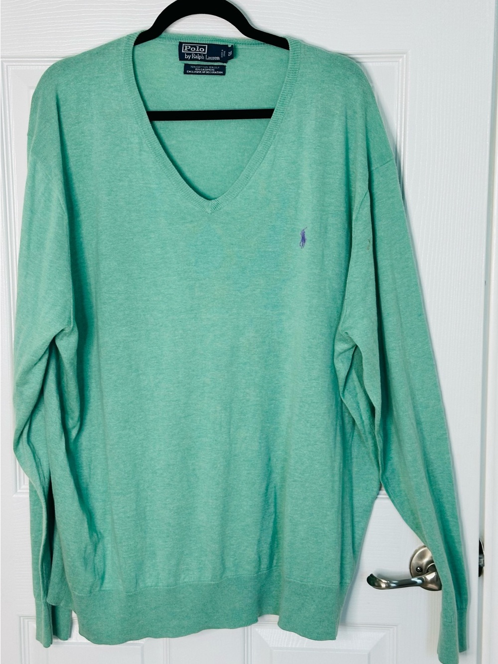 Polo by Ralph Lauren Mint Green V-Neck Sweater 2XL Big Cotton, Silk & Cashmere.